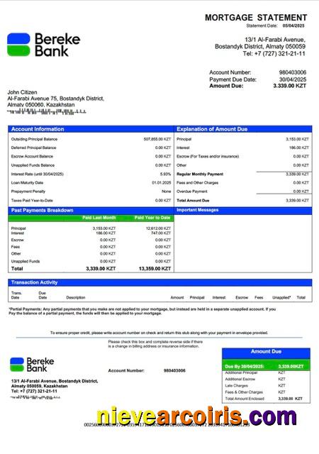 Kazakhstan Bereke Bank Kazakhstan mortgage statement Word and PDF template